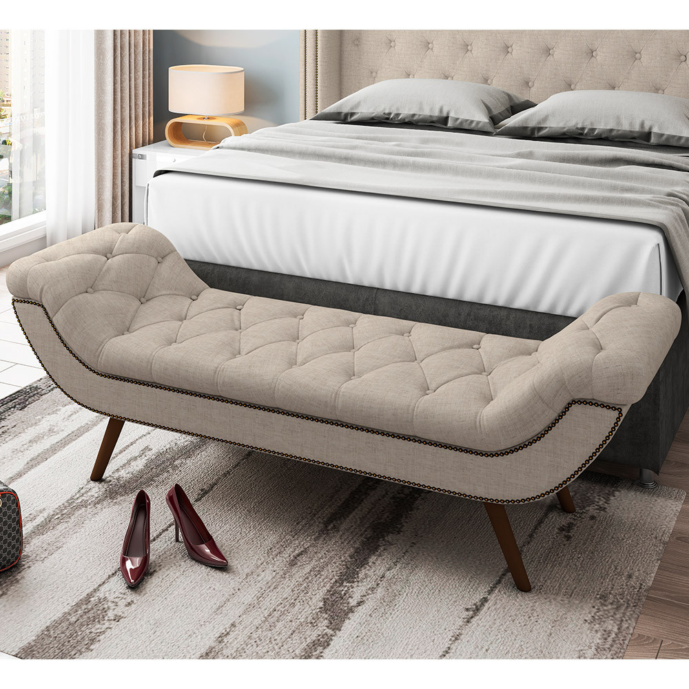 Puff Recamier Decorativo com Tachas 160 cm Santorini P05 Linho Cru - Lyam Decor