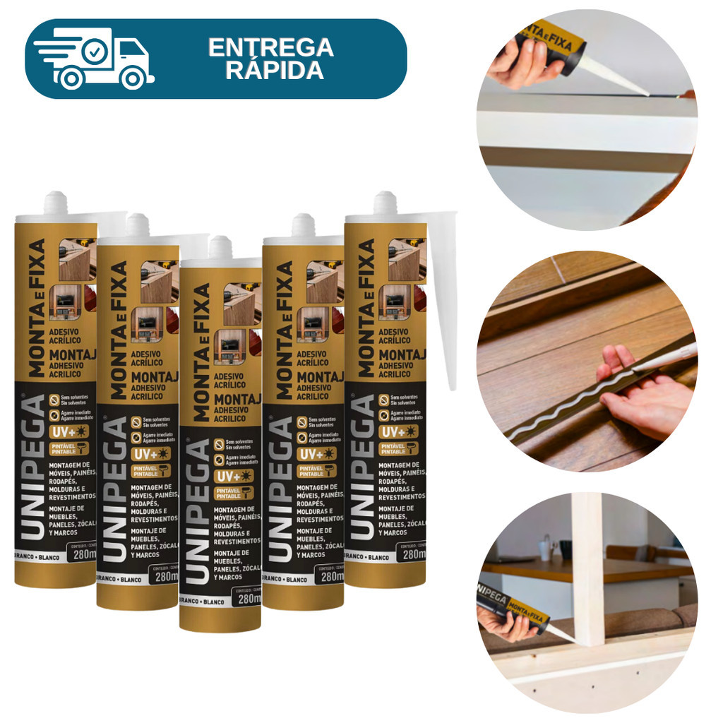 Kit 5 Cola Monta e Fixa Adesivo Selante 400g Unipega Móveis Prateleira Esquadria Rodapé Concreto