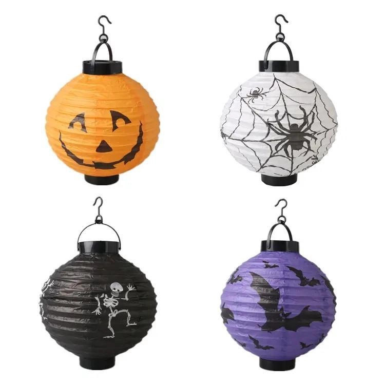 Kit 02 Lanterna de Papel Halloween Redonda 30cm/Abóbora/Morcego/Caveira+COM PILHA