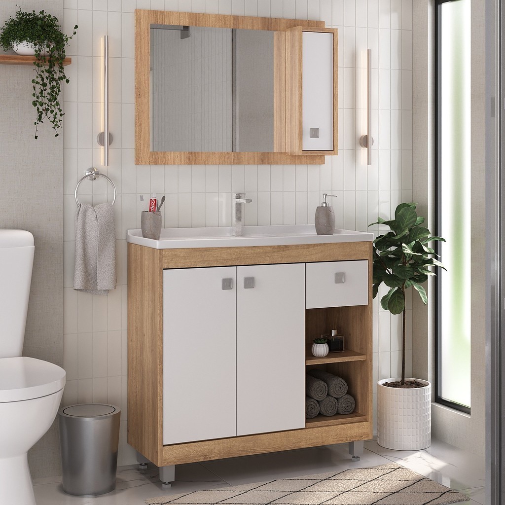 Armário Conjunto de Banheiro com Gabinete, Cuba e Espelheira 3 Portas Viena 80 cm Argel/Branco - Home & Living