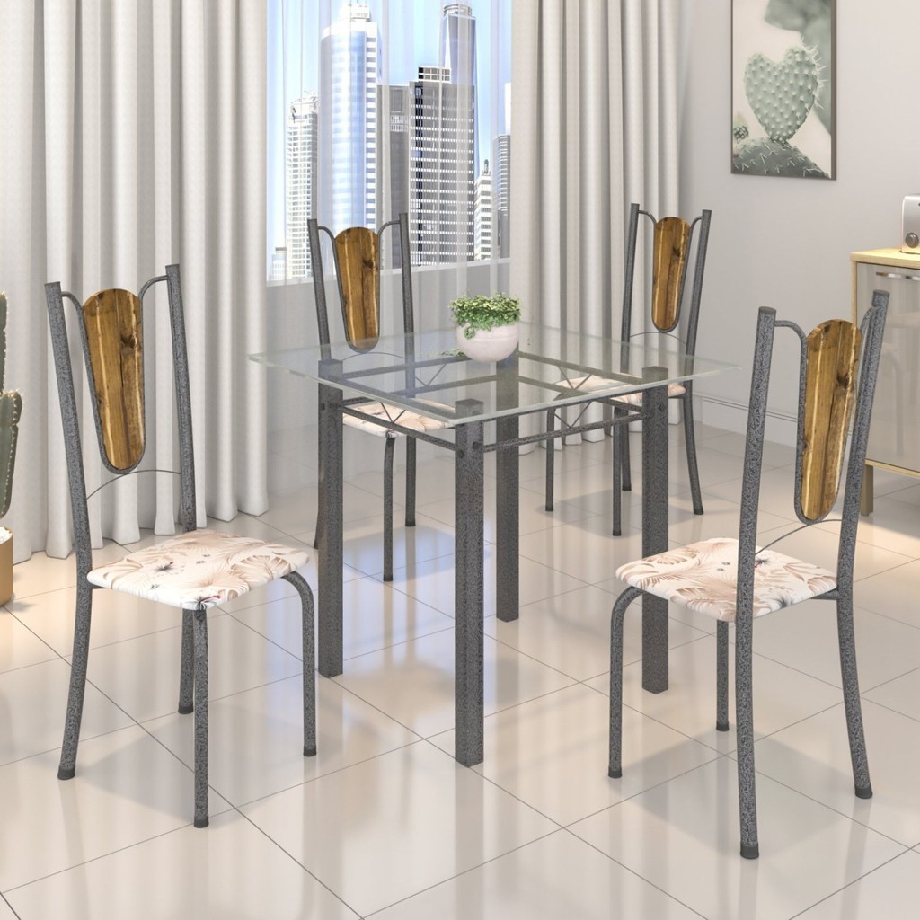 Conjunto de Mesa Tubular 75x75cm Tampo de Vidro com 4 Cadeiras Júlia  Botanic Bege/Prata em Oferta na Shopee