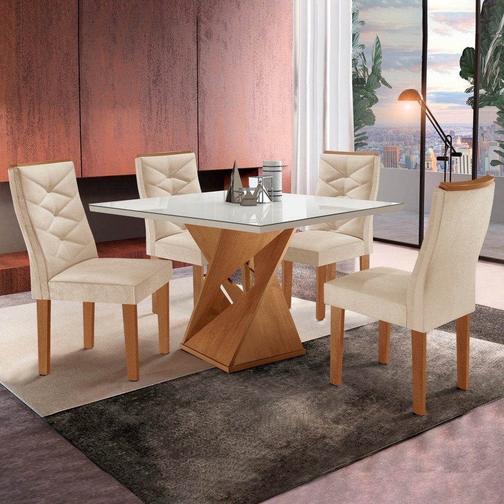 Conjunto Mesa Quadrada com Vidro e 4 Cadeiras 100cmx100cm Barcelona Yescasa Cinamomo/Off White/Suede Pena - Home & Living