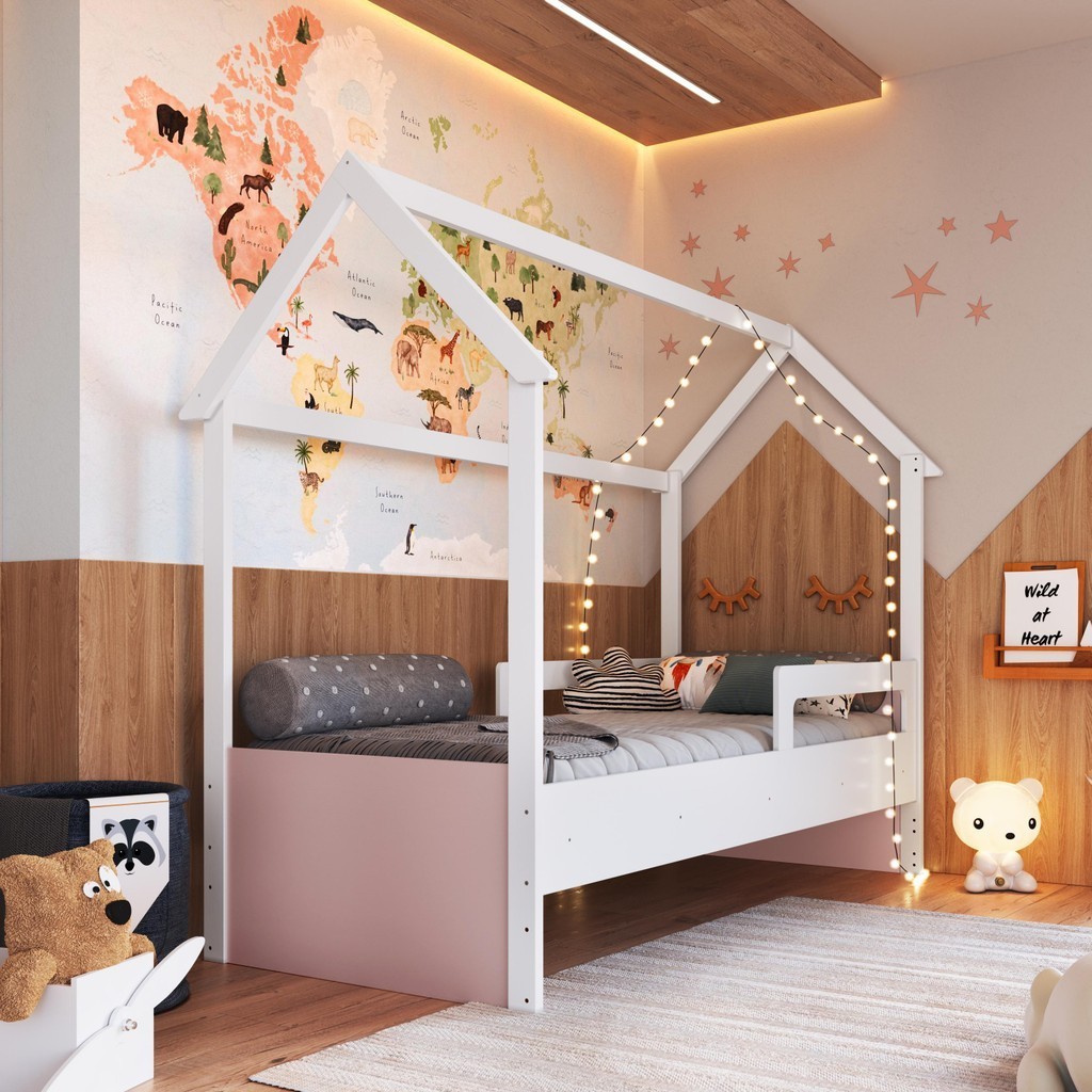 Cama Infantil Montessoriana Casinha Menino Menina Solteiro com Proteção Lateral Branco com Rosa - Home & Living