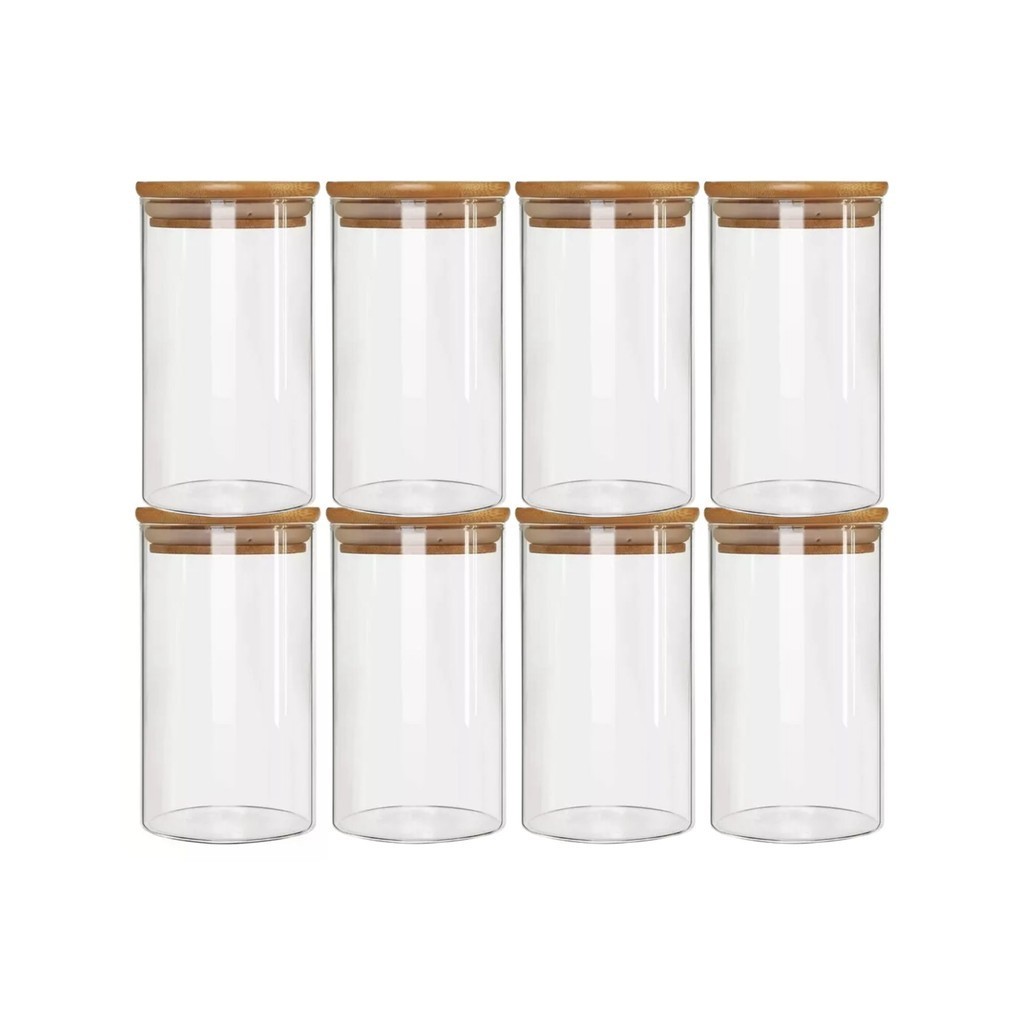 Kit 8 Pote Porta Temperos Mantimentos Design Moderno Tampa De Bambu Hermético 650ml