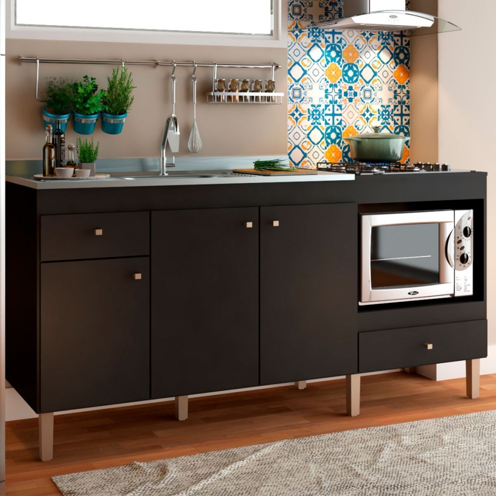 Imagem Armário de Cozinha Compacta para Pia 3 Portas 2 Gavetas Espaço para Forno e Cooktop Itália Preto - Panorama Móveis