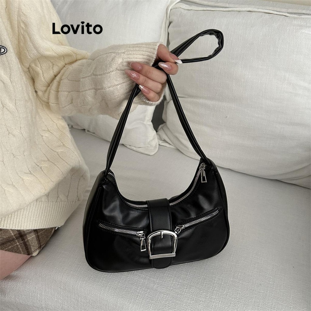 Lovito Casual liso doce legal couro fivela Design motocicleta Bolsa Bolsa para mulheres LFA65027 - Women Bags