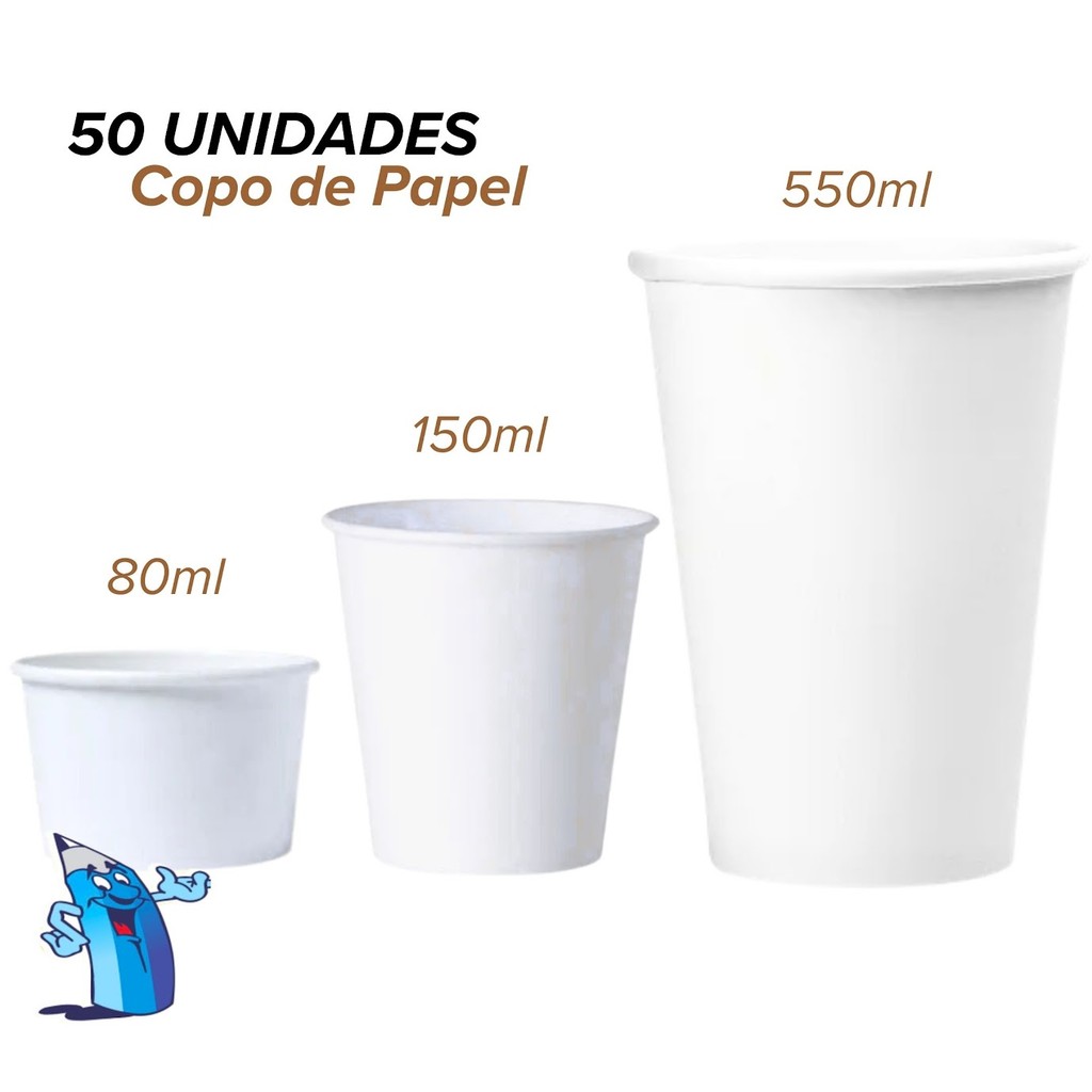 COPO DE PAPEL BRANCO BIODEGRADÁVEL 80ML/150ML/550ML DESCARTÁVEL 50 UNIDADES