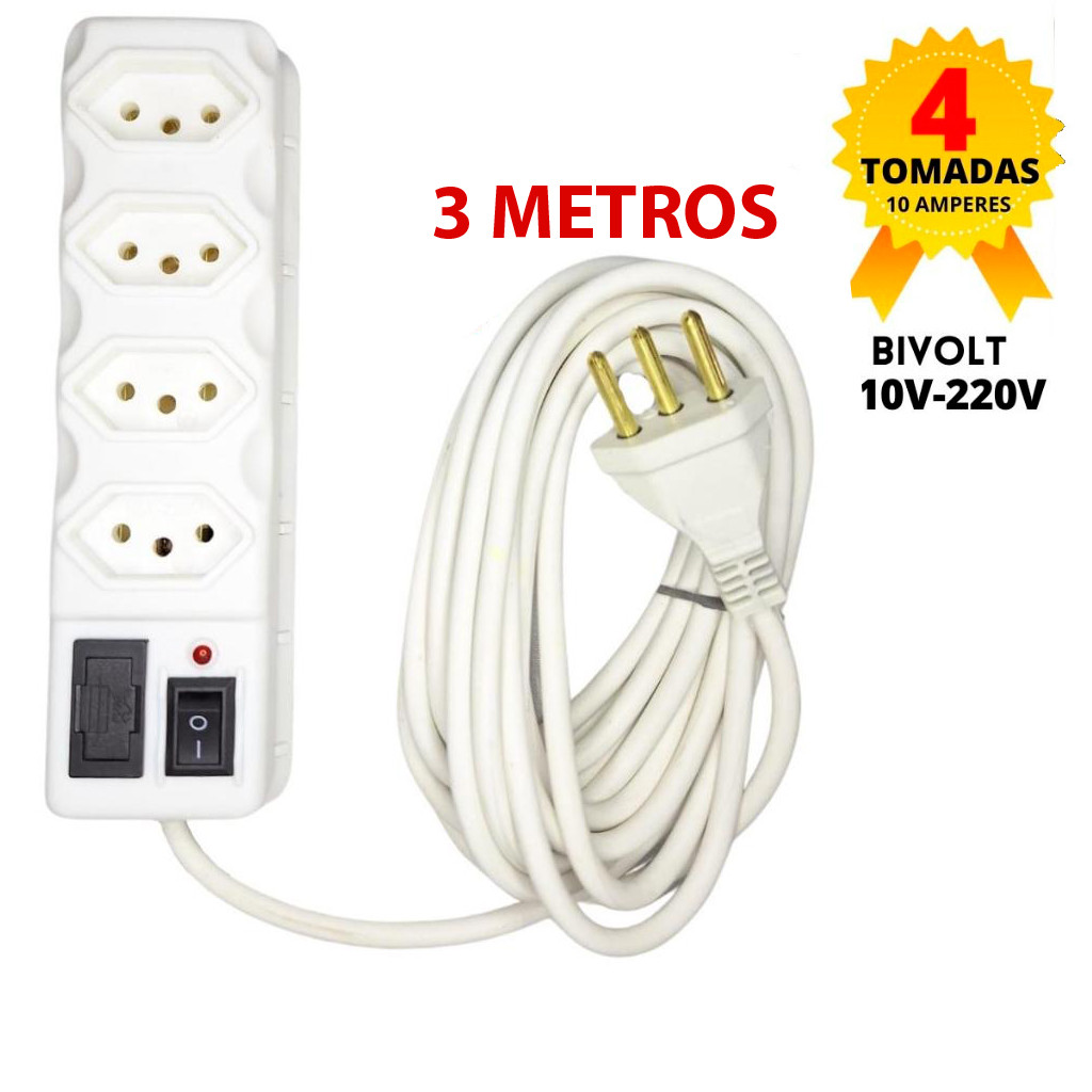 Filtro de Linha Cabo PP 4 Tomadas 3 Metros Branco em Oferta na Shopee