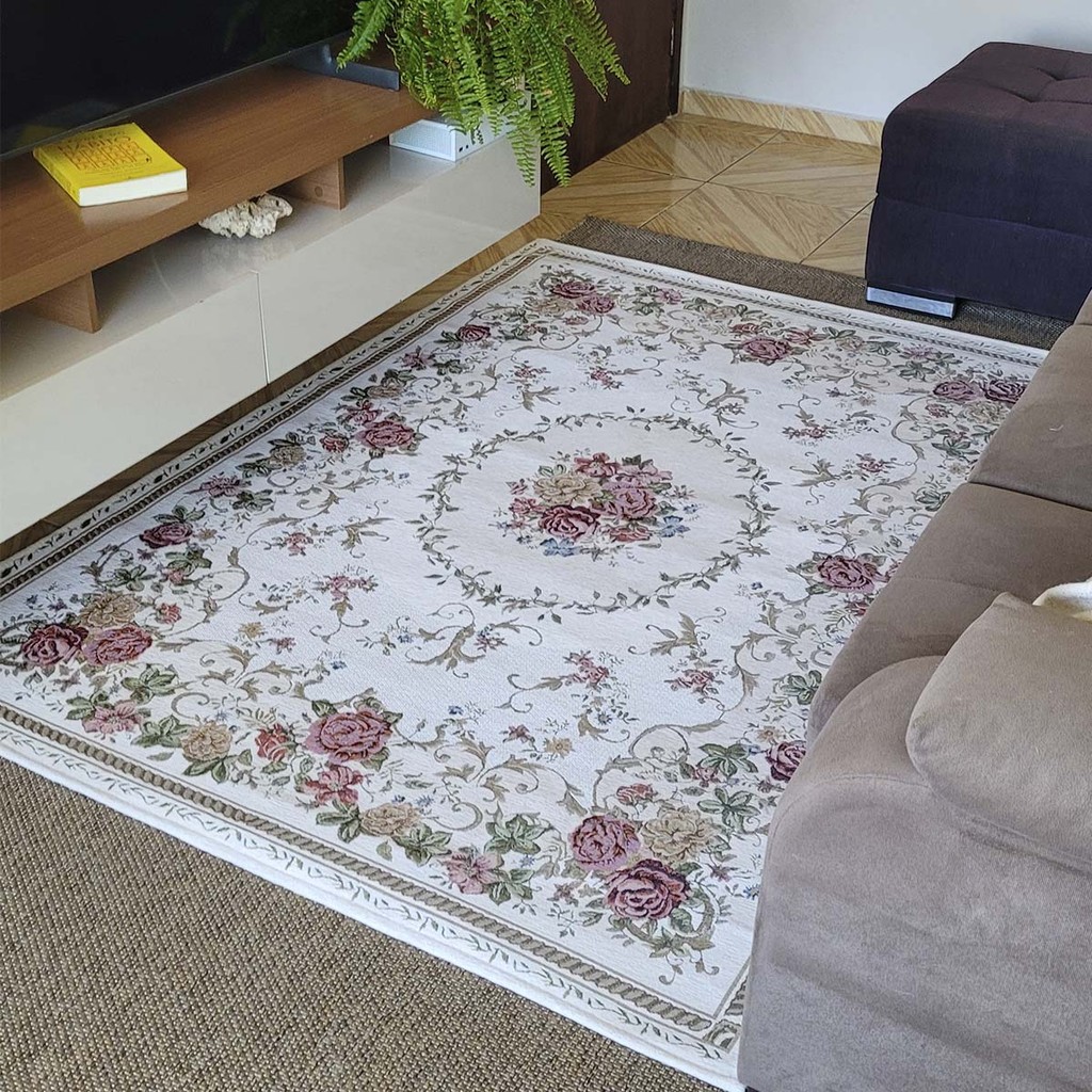 Tapete Sala Antiderrapante Floral Jasmin 02 Bege 1,40X2,00M em Oferta na Shopee