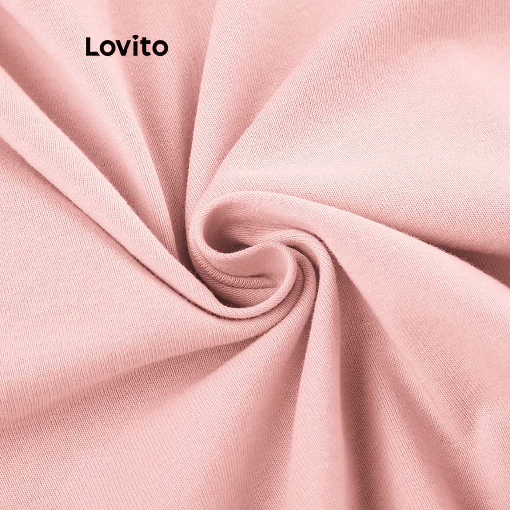 Detalhes do Lovito Camiseta Casual Lisa Com Babados E Gola Frontal E Botão Para Mulheres LNE67291