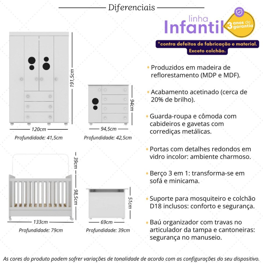 Detalhes do Quarto Infantil Completo com Berço Americano 3 em 1 com Colchão Incluso Multimóveis MP4361