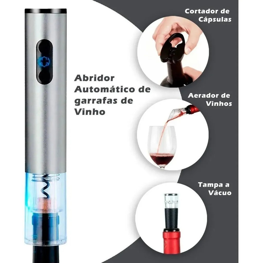 Abridor De Garrafa Vinho Elétrico Automático Saca Rolha A Pilha Presente Elegante