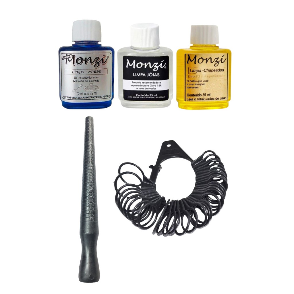 Kit 3 Monzi 35ml Limpa Chapeados Prata Ouro Original + 2 Aneleira Bastão Nº 1 ao 33 Medir Anel