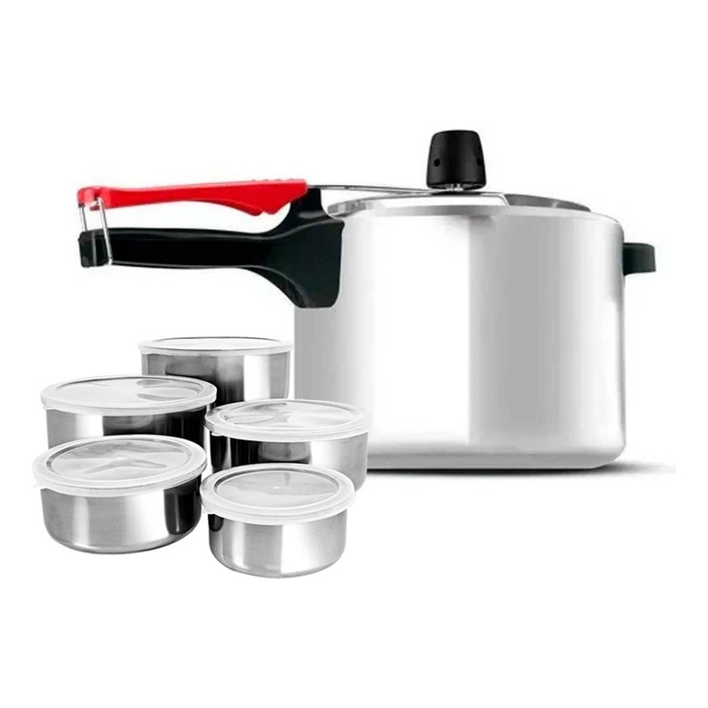 Panela Pressão 4,5 Litros Original Polida Clock E Conjunto Tigelas Com Tampa Inox 5 Peças - Home & Living