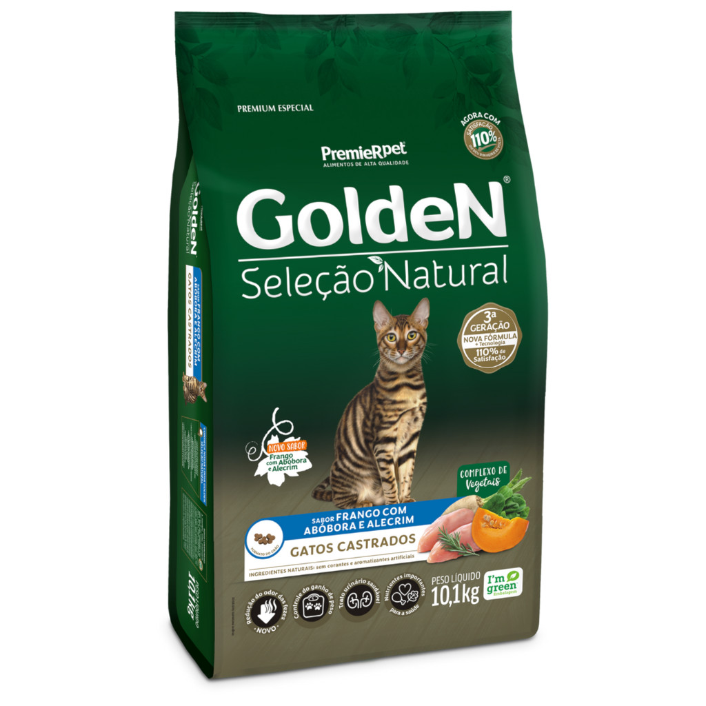 Ração GoldeN Seleção Natural gatos adultos castrados frango, abóbora e alecrim 10,1kg em Oferta na Shopee