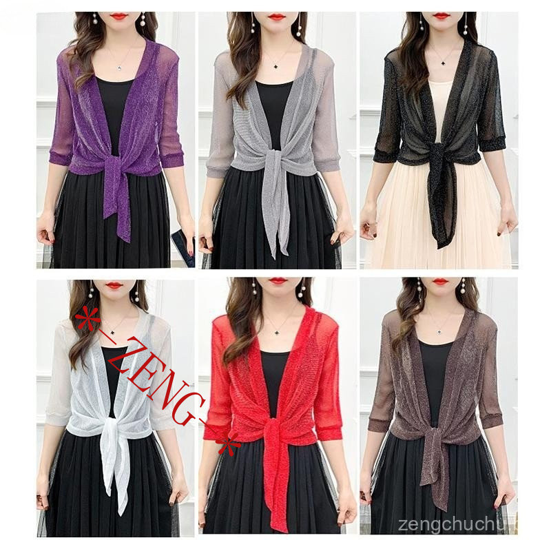 [Rhian] Jaqueta Elegante Cardigã Meia Manga Frontal Com Cadarço Casaco Feminino Curta Fina COD em Oferta na Shopee