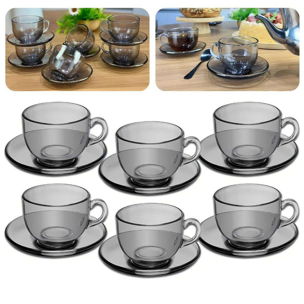 Jogo 6 Xìcaras De Chá Café Com Pires De Vidro 150ml Cinza Suave Luxo Mesa Posta Nice Lyor