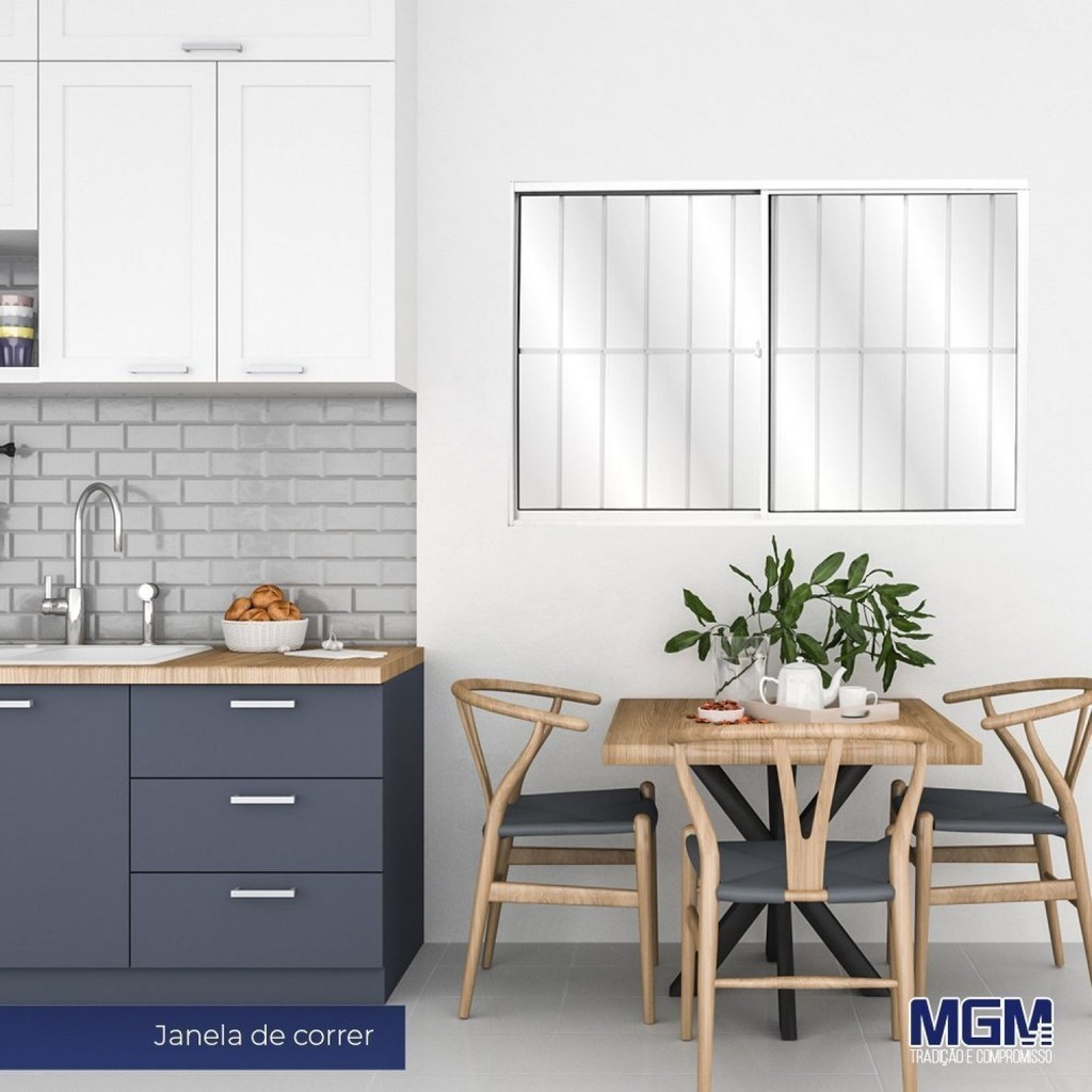 Janela de Alumínio de Correr 120x120cm 2 Folhas com Grade e Vidro Liso Linha Soft Mgm 120cm x 120cm