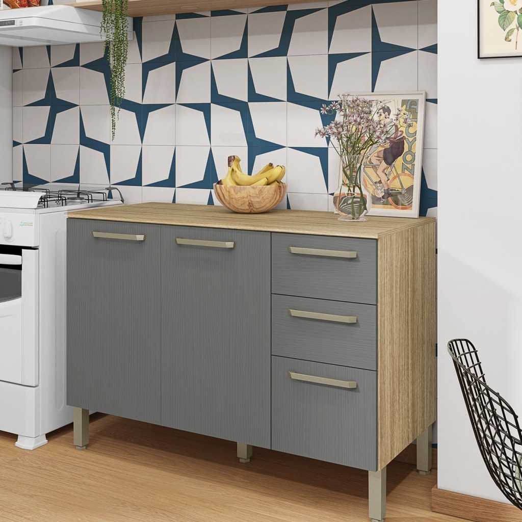 Balcão 120cm 3 Portas 2 Gavetas com Tampo Versalhes - Home & Living