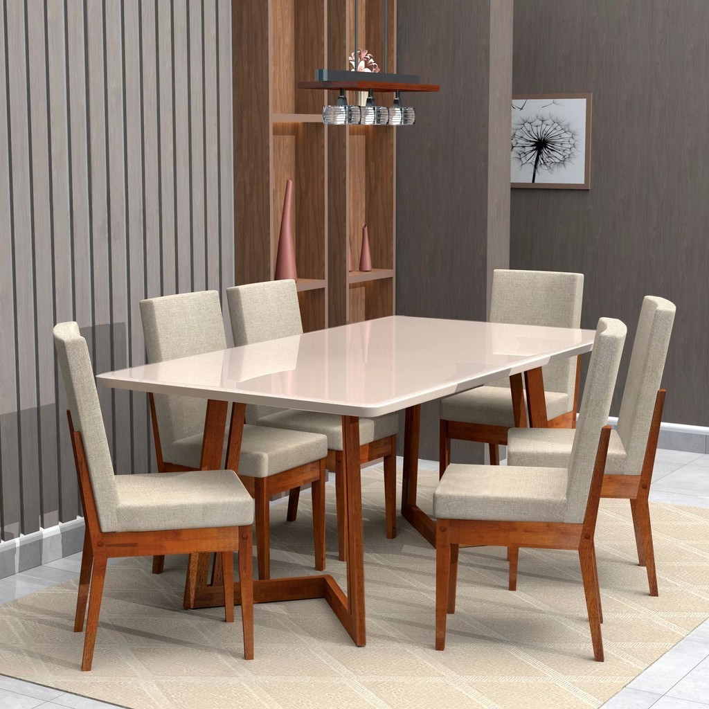Conjunto Mesa Com Vidro Pés Madeira Maciça 6 Cadeiras Madeira Dakota Tecido A40  Caramelo