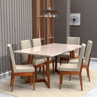 Conjunto Mesa Com Vidro Pés Madeira Maciça 6 Cadeiras Madeira Dakota Tecido A40 Caramelo em Oferta na Shopee