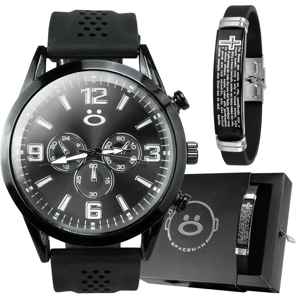 Relogio masculino preto aço inox + caixa + pulseira pai nosso casual ajustavel presente original