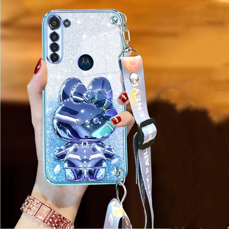 Caixa Motorola MOTO G8 Play G8 Plus G8 Power Electroplating Glitter 3D Rabbit Bracket Cosmético Espelho De Telefone Com Cordão De Corpo Cruzado - detalhe