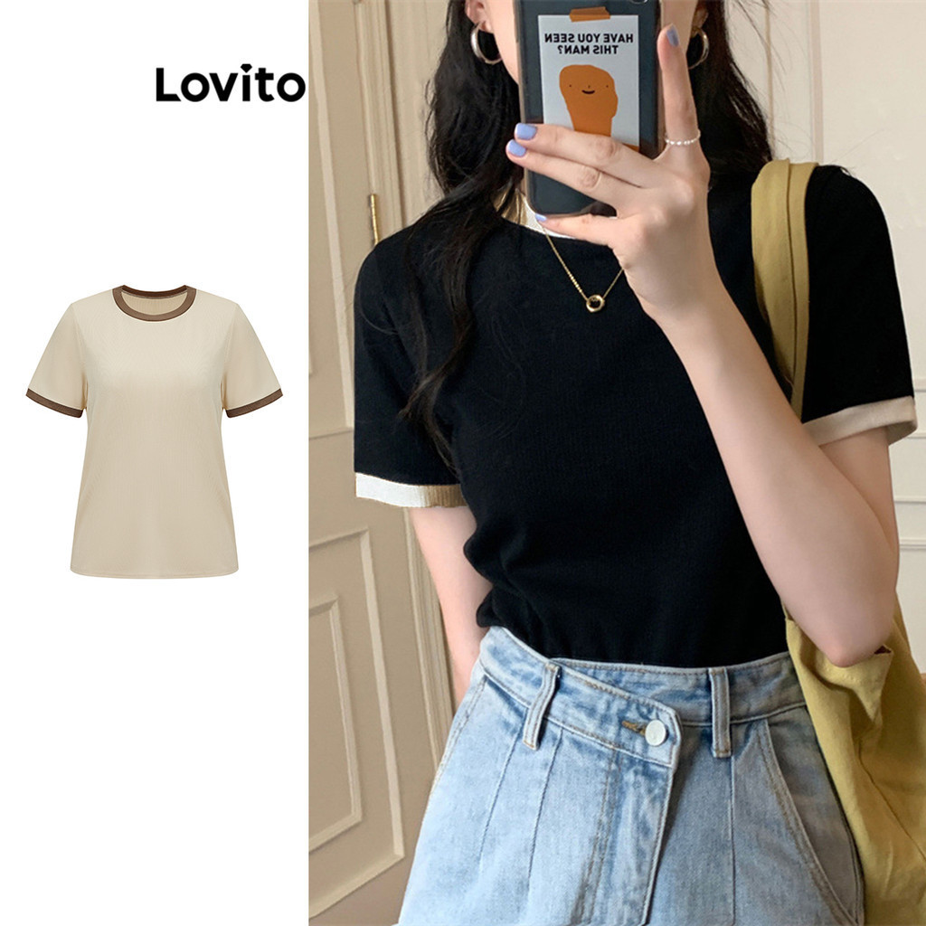 Lovito Camiseta Simples com Detalhes de Amarração e Blocos de Cores para Mulheres LNE17059 (Multicolorido)