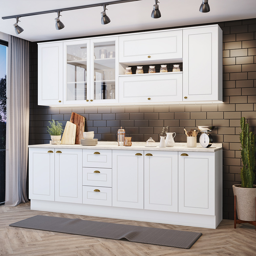 Cozinha Compacta 7 Peças Com Aéreo 3 Portas Com Vidro Amy Casa 812