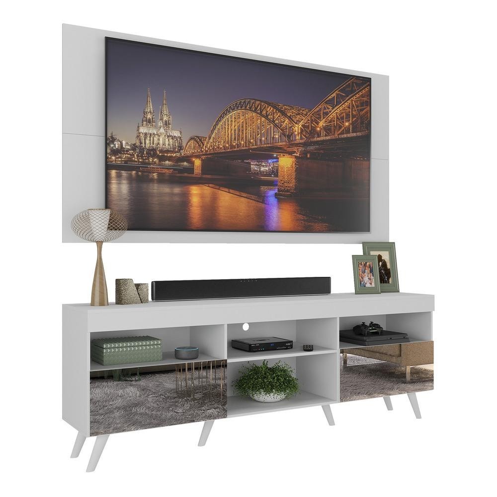 Rack c/ Painel P/TV 65", espelho e pés retrô Flórida Multimóveis Branco - Home & Living
