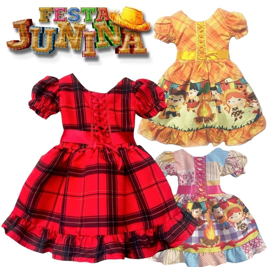 Vestido Infantil de Festa Junina Festa São João e Quadrilha Com Filó de Armação