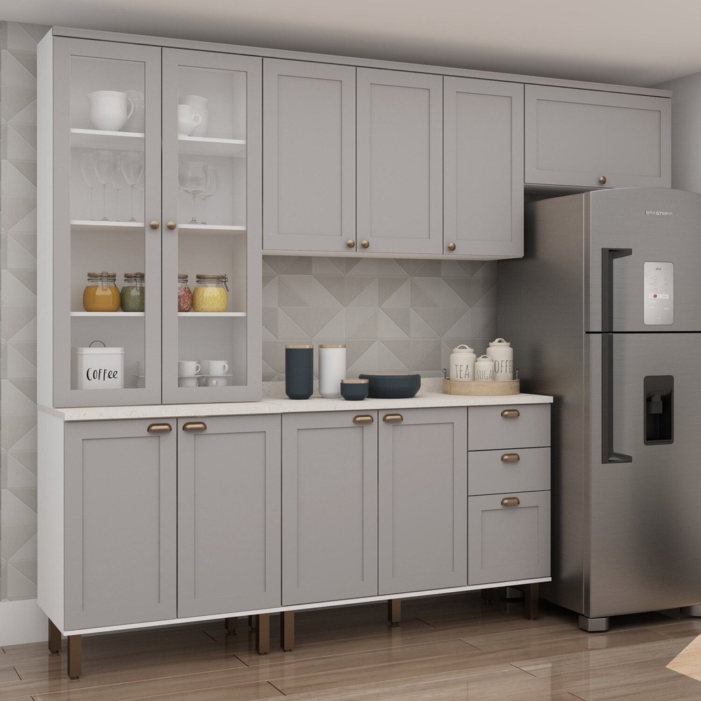 Cozinha Modulada com Cristaleira com Tampo Impermeável 100% MDF Iluminata Cinza/Branco/Fendi Branco/Fendi