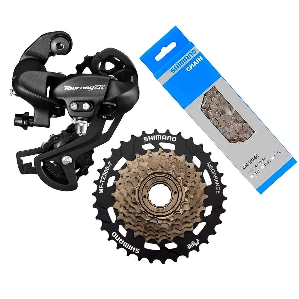 CÂMBIO TRASEIRO SHIMANO TOURNEY RD-TX800 + CATRACA MF-TZ500 MEGARANGE + CORRENTE CN-HG40 116 ELOS - 3X7V / 21V