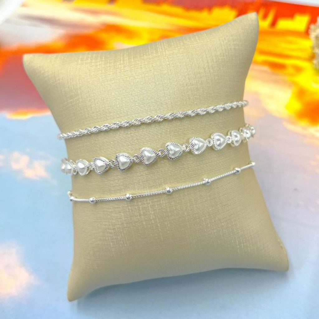 Kit 3 Pulseiras a Prata 925 banhado Coração Conjunto de Pulseira Cordão Baiano e Coração Pulseira de pérolas de coração delicado