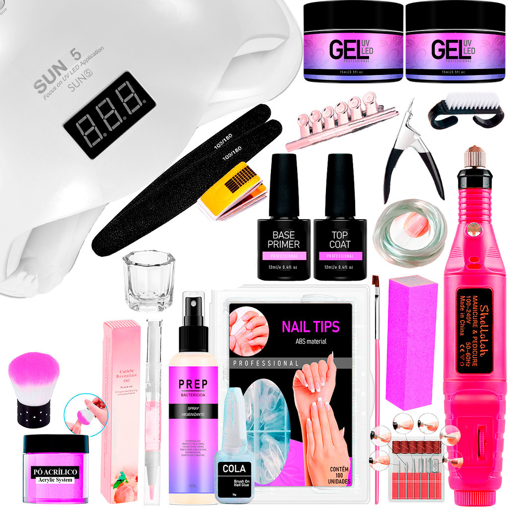 Kit Manicure Completo Gel Uv Led Cabine Sun Lixadeira Eletrica Top Coat Primer Prep Preparadores Lixa Bloco Gel Manicure Acrygel Caneta Hidratante Acrigel Top e Primer