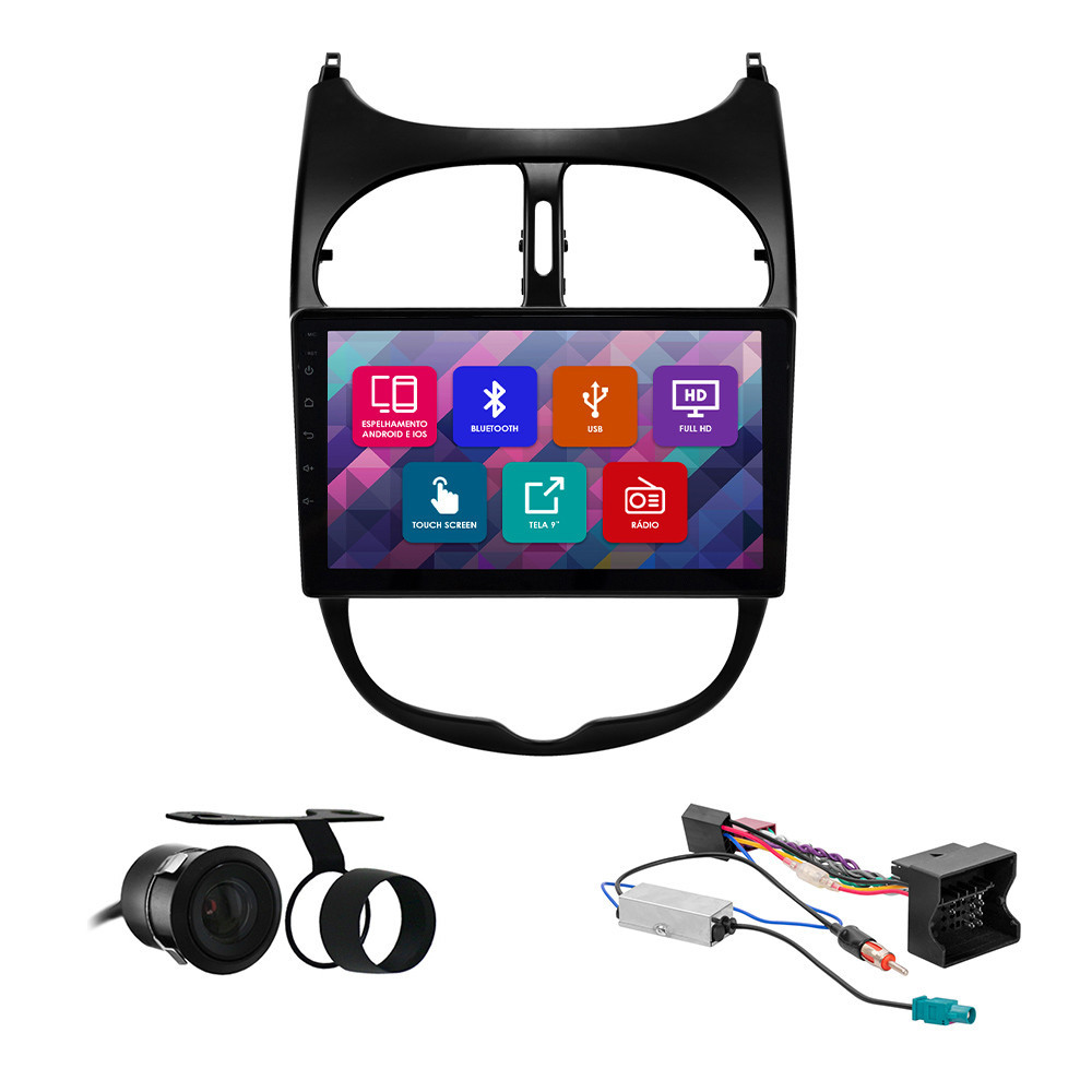 Kit Multimídia 9 Pol Peugeot 206 2002 2003 2004 05 06 07 2008 2009 2010 Espelhamento Android Ios 2 Din Preto Camera Ré em Oferta na Shopee