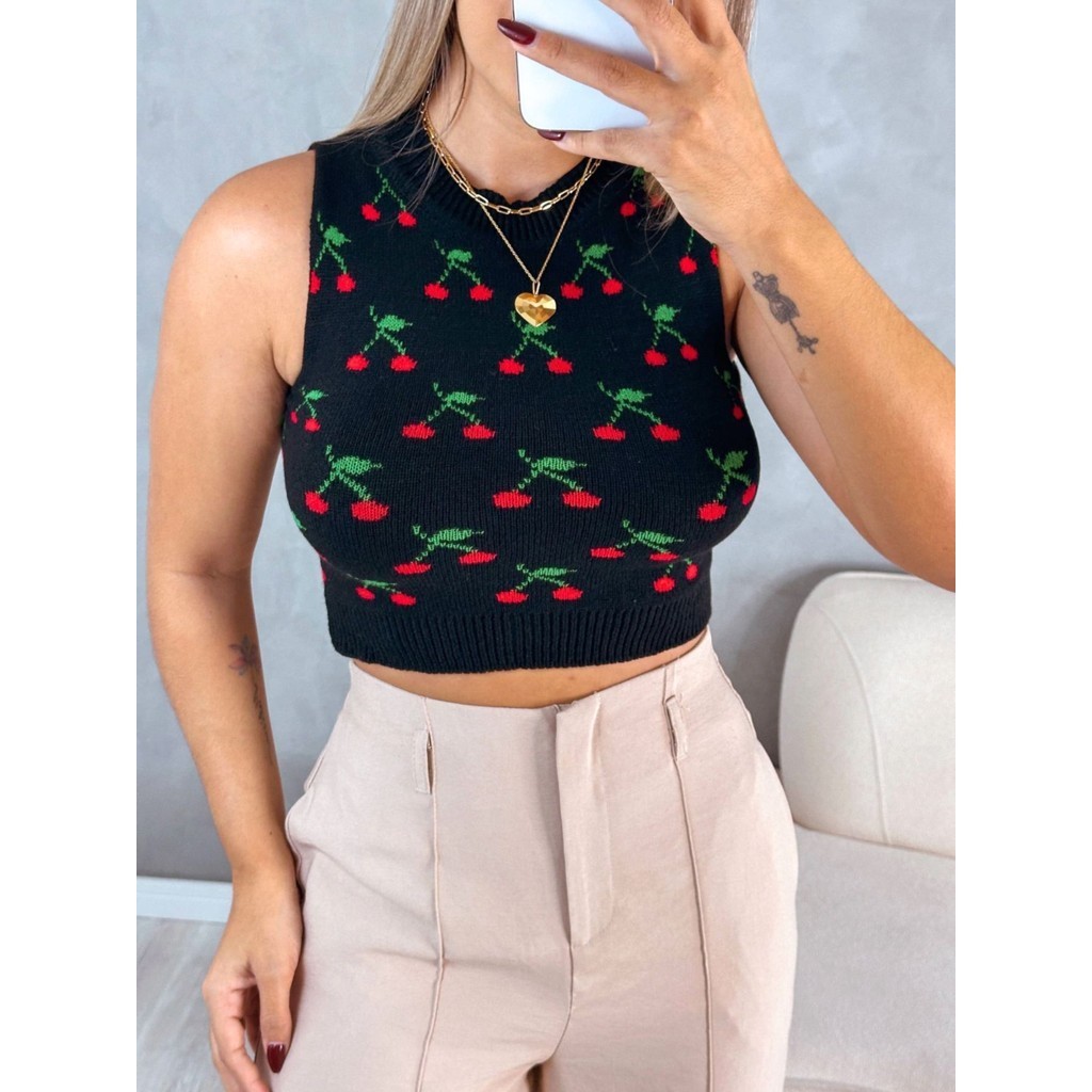 Cropped Tricô Modal Cereja Lindo Moda ！！