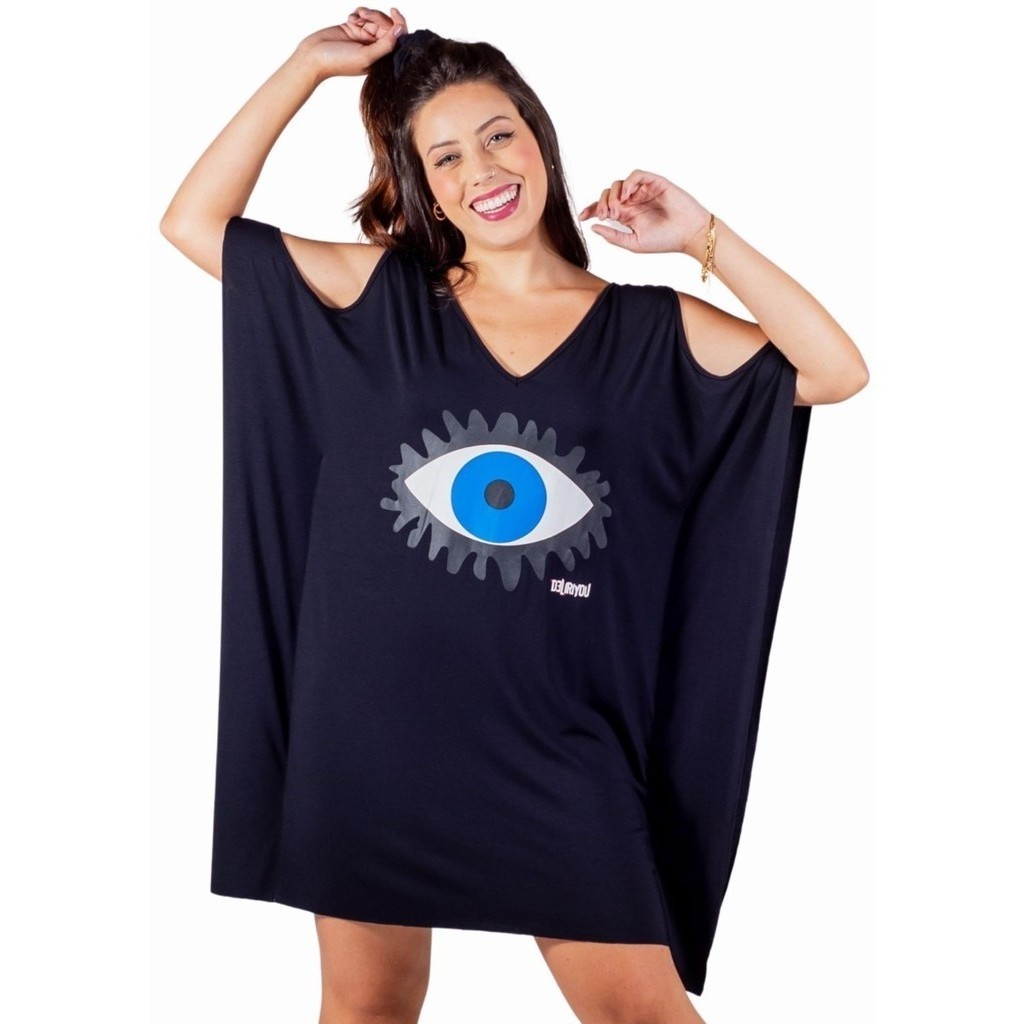 Vestido Kaftan Indiano Gola V Estampado Olho Grego Feminino