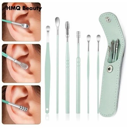 Kit 6 Peças Colher De Aço Inoxidável Portátil Para Remoção De Cera De Ouvido/Equipamento De Viagem