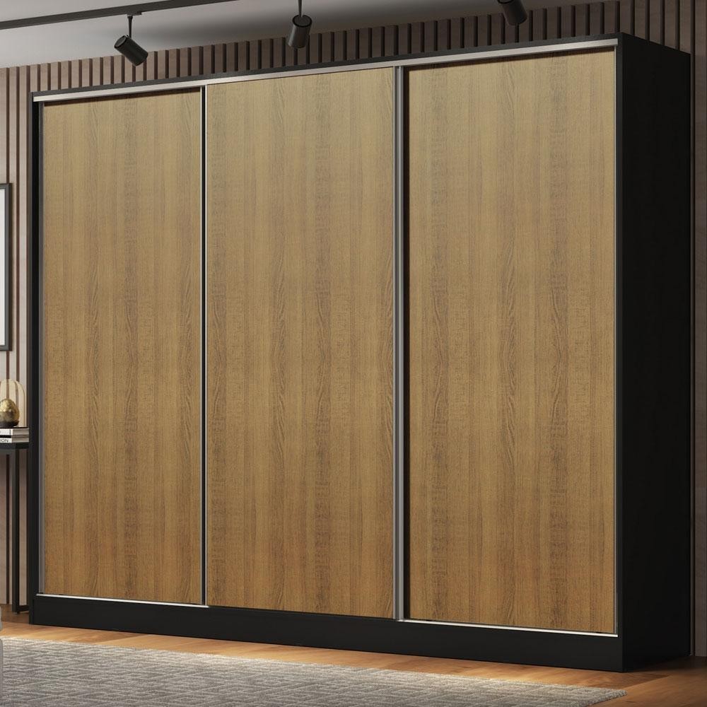 Guarda Roupa Casal 100% MDF Madesa Royale 3 Portas de Correr - Preto/Rustic em Oferta na Shopee