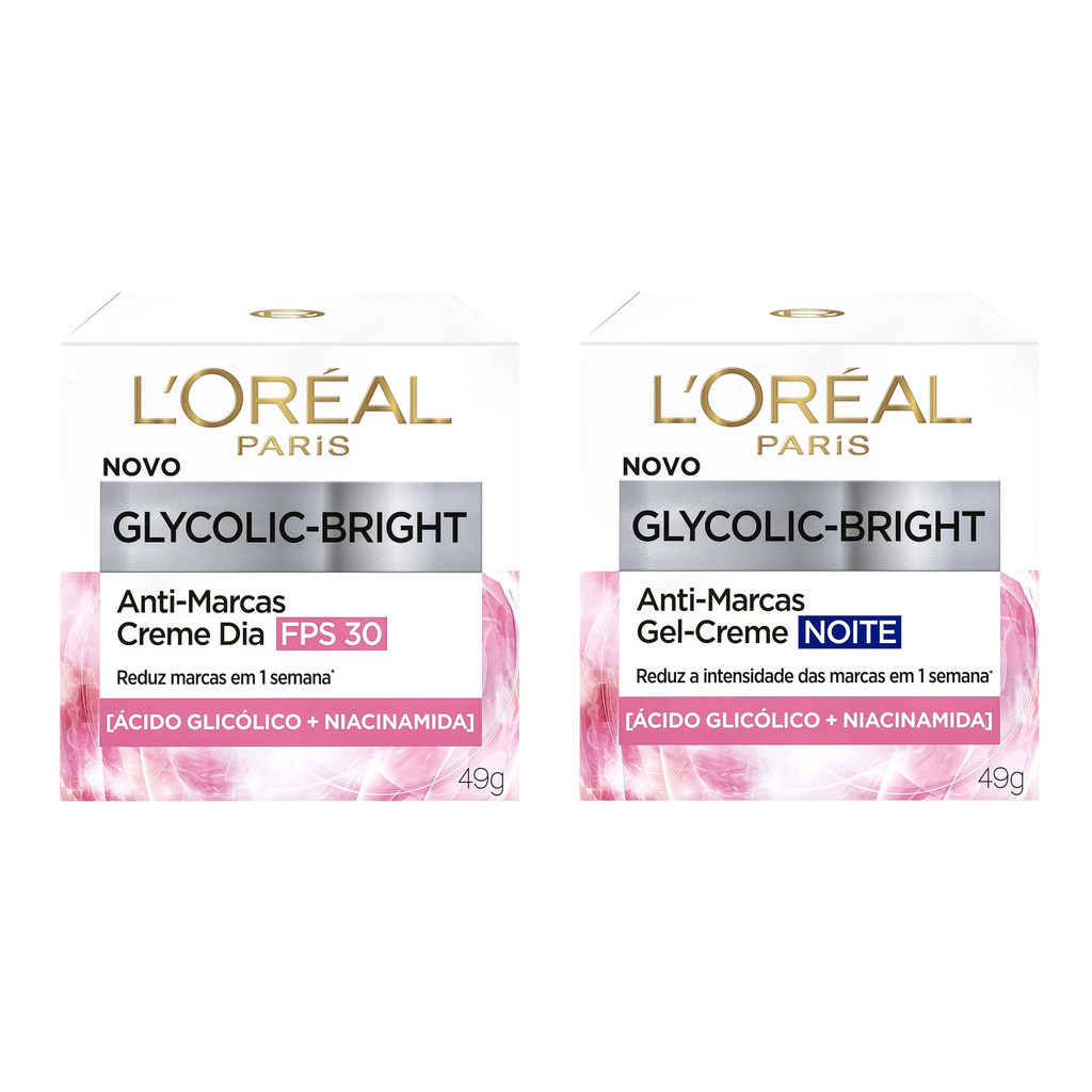 KIT CREME ANTI MARCAS GLYCOLIC BRIGHT DIA FPS30 + NOITE LORÉAL PARIS em Oferta na Shopee