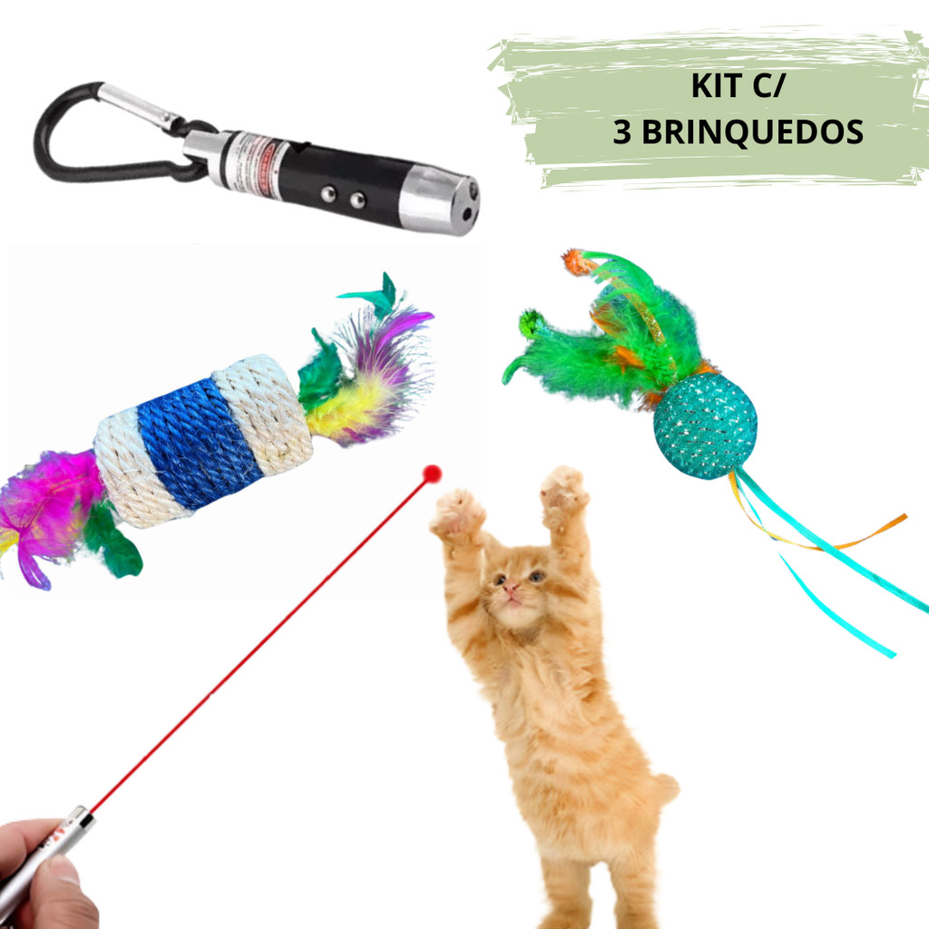 Kit 3 brinquedos Interativos P/ Gatos Pet - Chaveiro com Laser Lanterna e Luz Negra