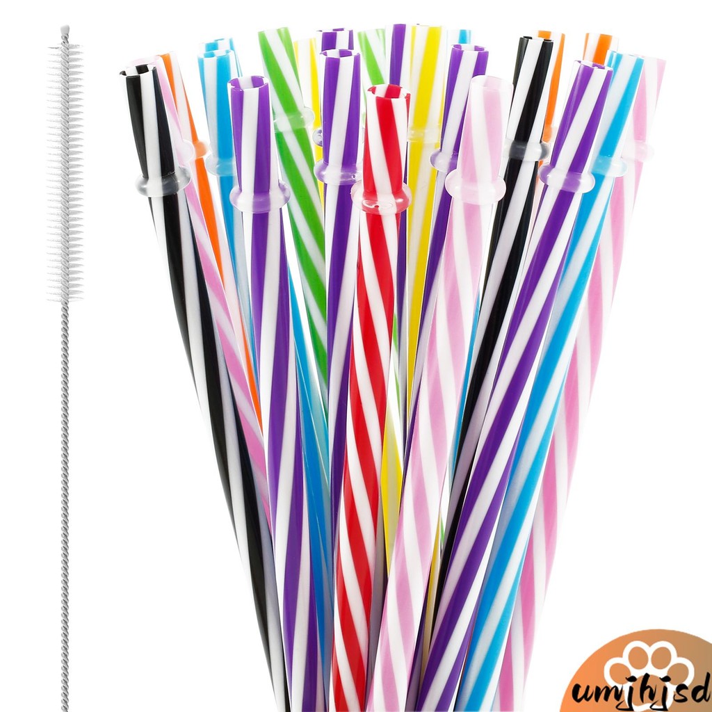 Canudos Listrados Reutilizáveis , 24 Peças , De Plástico Rígido Com Escova De Limpeza , Canudo Listrado De Doces SHOPSKC
