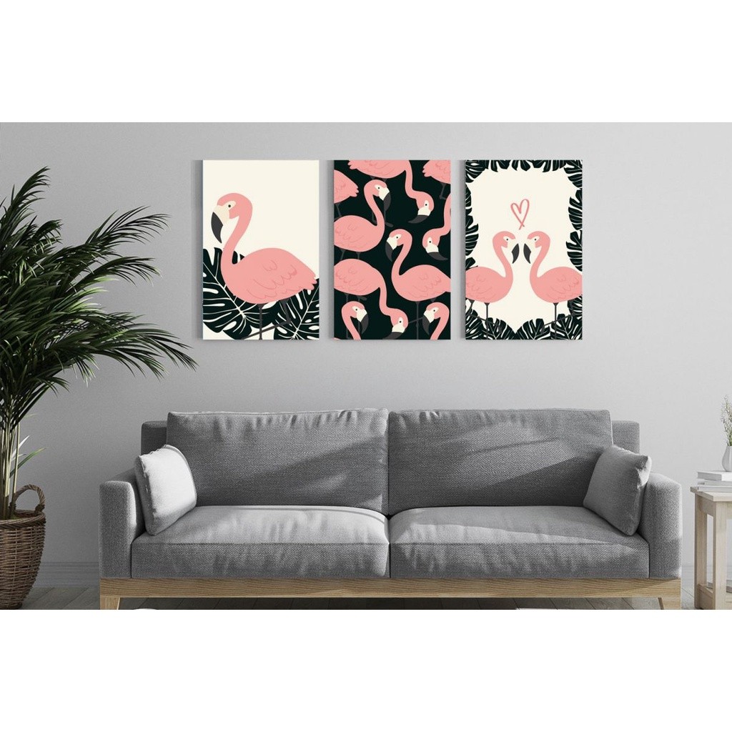 Kit Quadros Decorativo Flamingo   3 peças 20X28 mdf alta qualidade