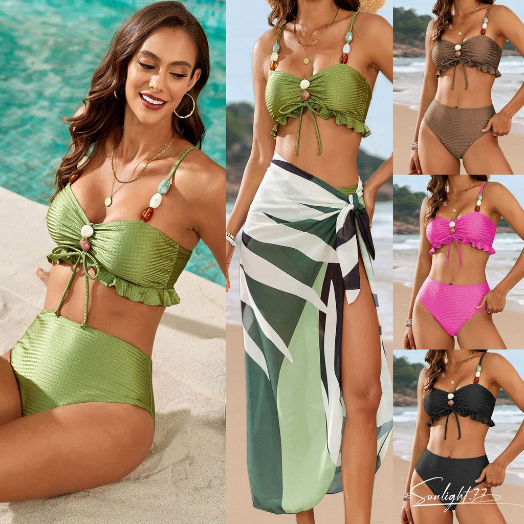 vestido feminino Moda Maiô com Laço de Contas Vestido de Praia Conjunto de Biquíni Feminino 3 Peças Cor Sólida Sexy Maiô