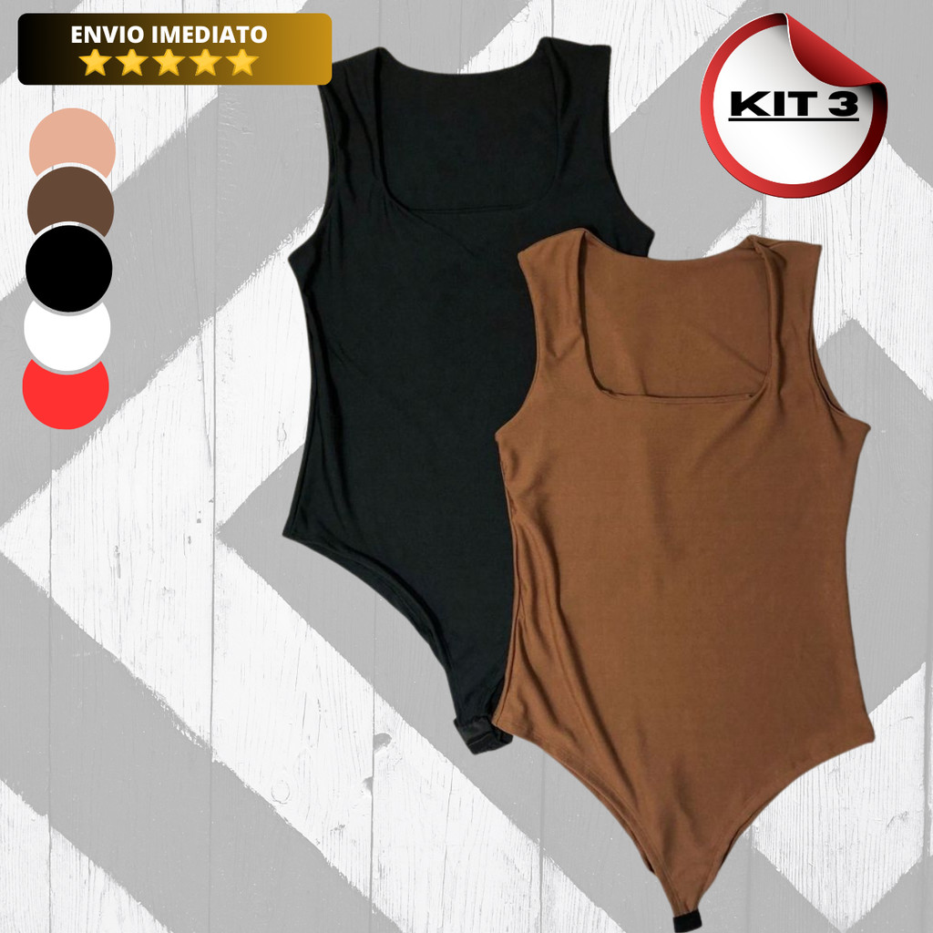 Kit 3 Body Decote Quadrado Feminino Tecido Suplex Moda Tendência Premium