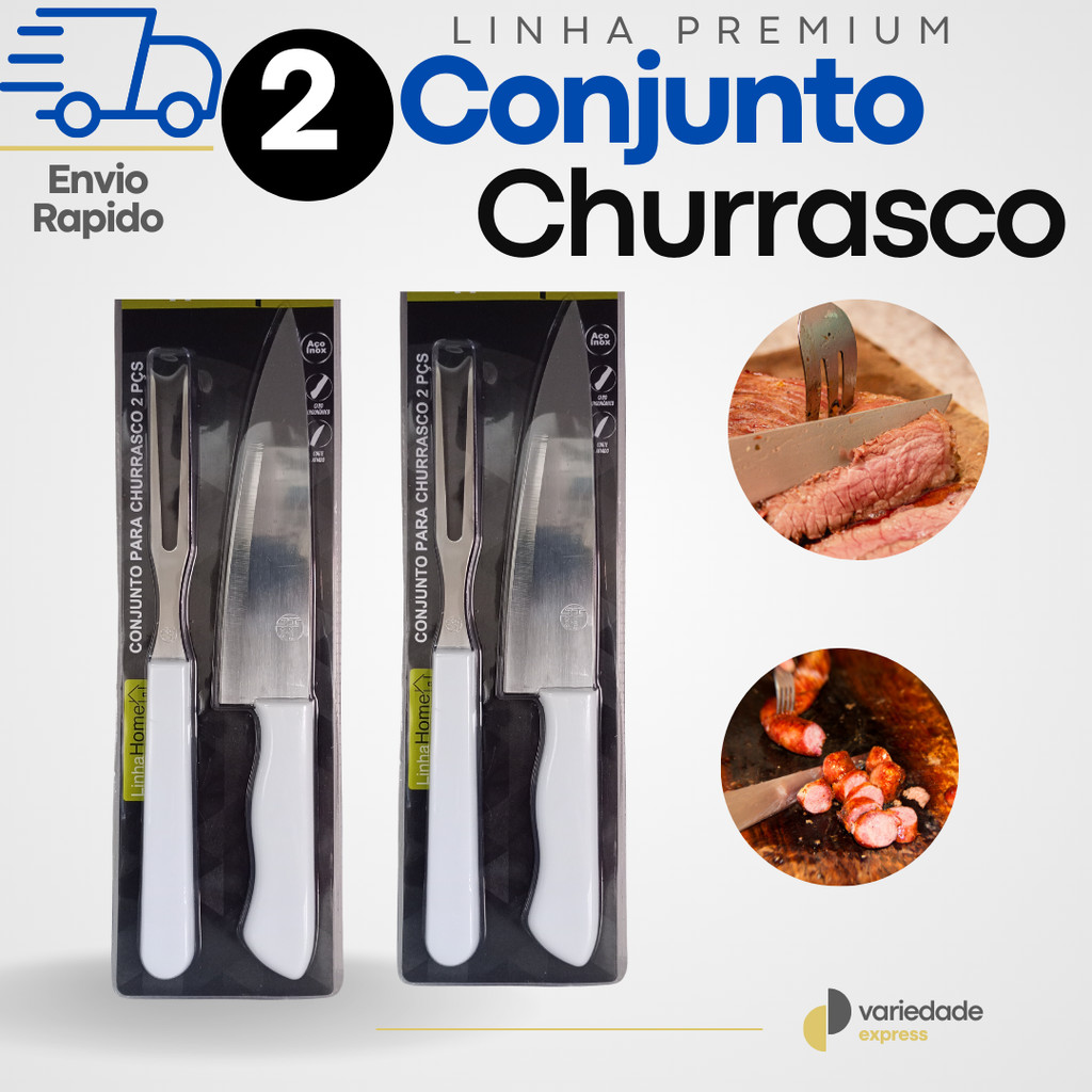 2 Conjunto para Churrasco Kit com 2 Peças Faca + Garfo  Trinchante com Cabo Branco de Plás...