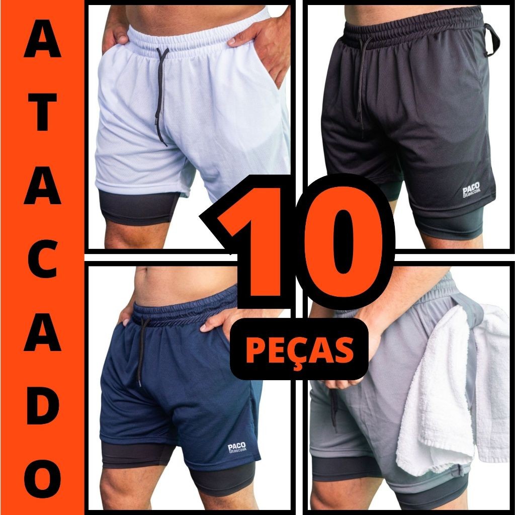 Kit 10 Shorts Academia Masculino 2em1 Atacado Duplo Bermuda Treino Corrida Esportivo DryFit
