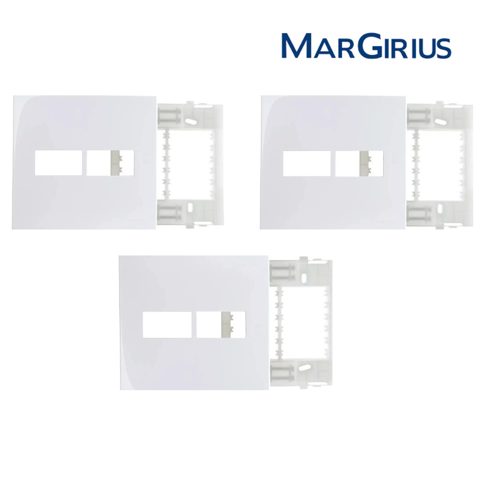 KIT 3 Placa + Suporte 4X4 Conjunto Tomada 2 Postos Margirius Sleek Interruptor Horizontal Branco Sala Cozinha Parede