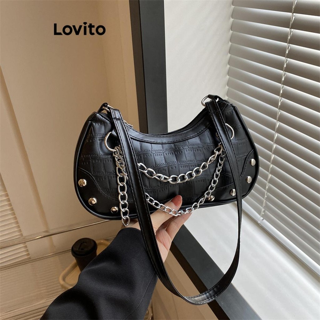 Lovito Casual simples rebite Design motocicleta corrente Bolsa Bolsa para mulheres  LFA650...